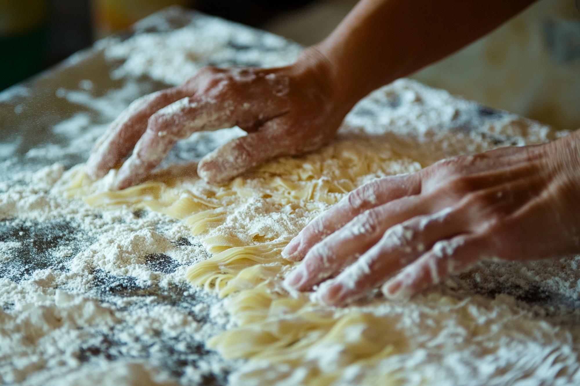 Dettaglio mani che impastano pasta fresca